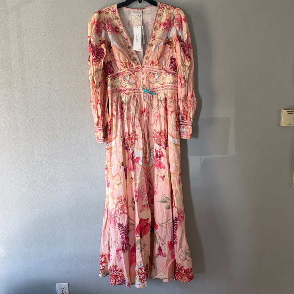 Camilla Shaped Waistband Dress W Gathered Sleeves Blossoms And Brushstrokes NWT - Picture 2 of 16